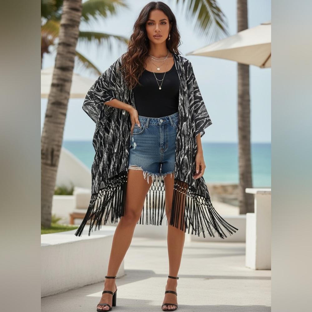 Jennifer Lopez L/XL Black Snake Print Fringe Beaded Kimono Open Coverup Duster